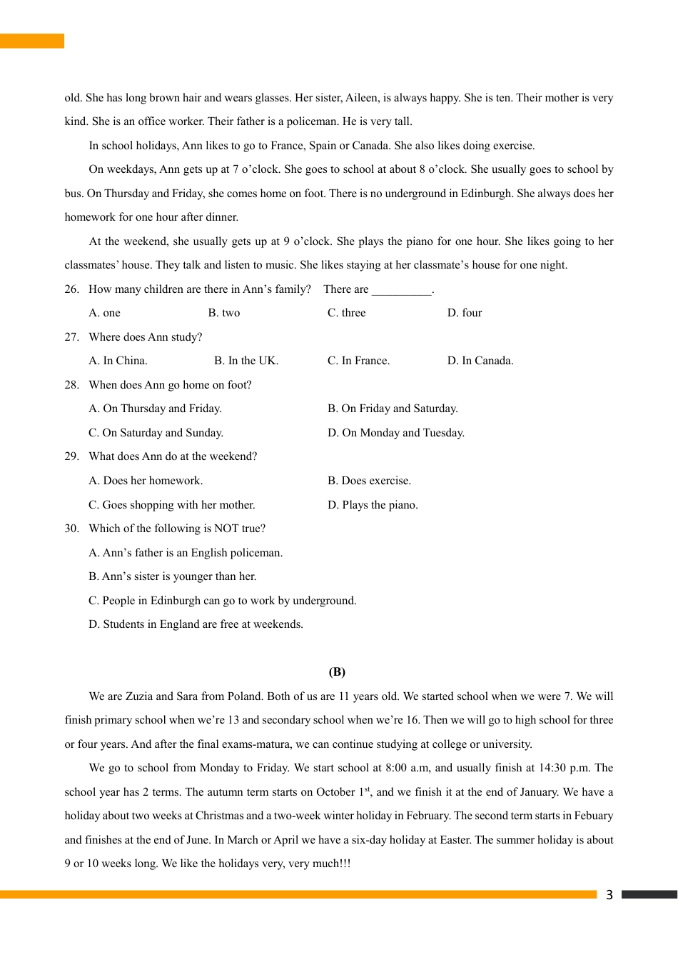 2017年广州黄埔华初英语小升初招生真卷+参考答案_第3页