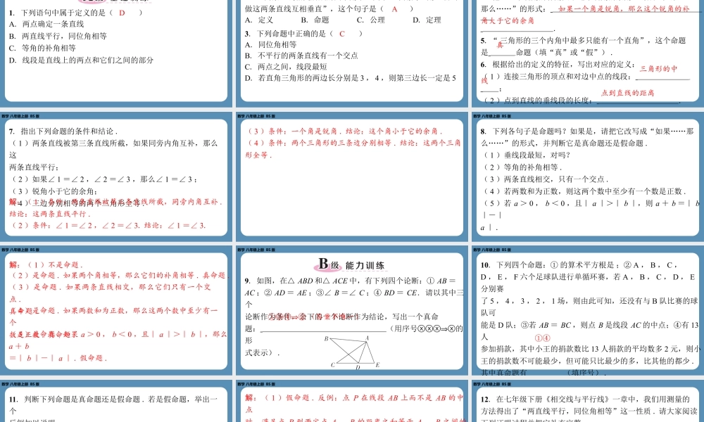 2024-2025学年度北师版八上数学7.2定义与命题（第一课时）【课外培优课件】.pptx
