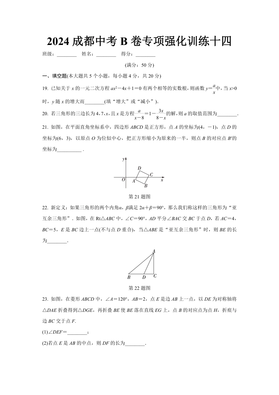 2024成都中考数学B卷专项强化训练十四 (含答案).pdf_第1页