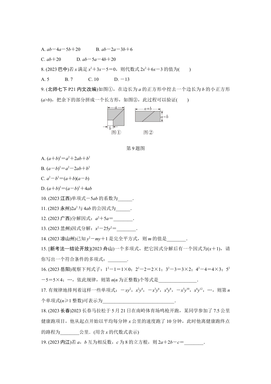 2024成都中考数学复习专题 代数式、整式及因式分解 (含答案).docx_第2页