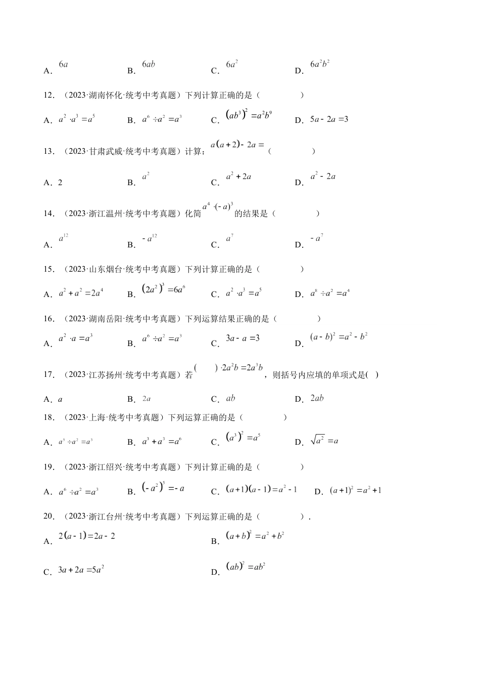 2024成都中考数学一轮复习专题 整式及其运算 (含解析).docx_第2页