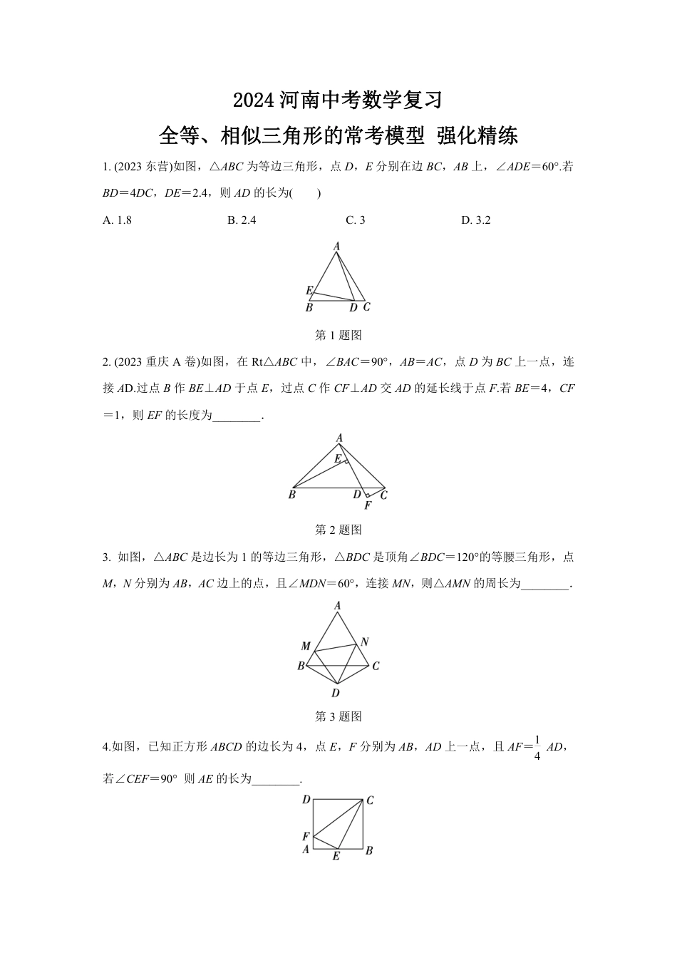 2024河南中考数学复习 全等、相似三角形的常考模型 强化精练 (含答案).pdf_第1页
